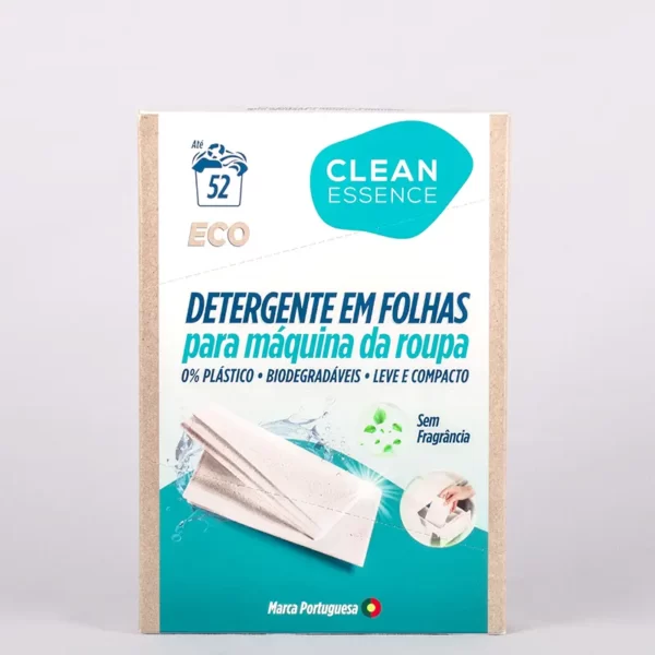 detergente em folhas sem fragrancia clean essence (frente)
